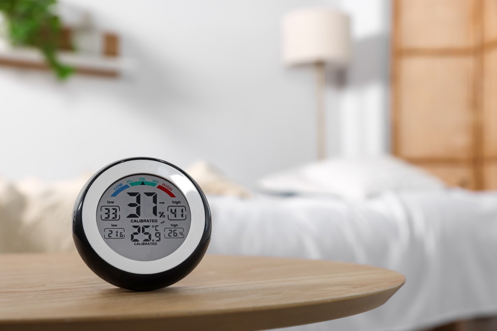 Thermometer im Schlafzimmer zeigt optimale Raumtemperatur