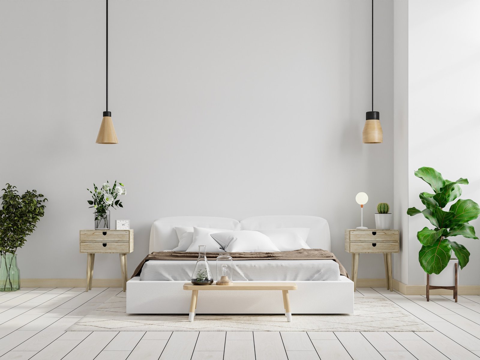 Sommer-Schlafzimmer eingerichtet mit wenig Teppichen und Elektronik
